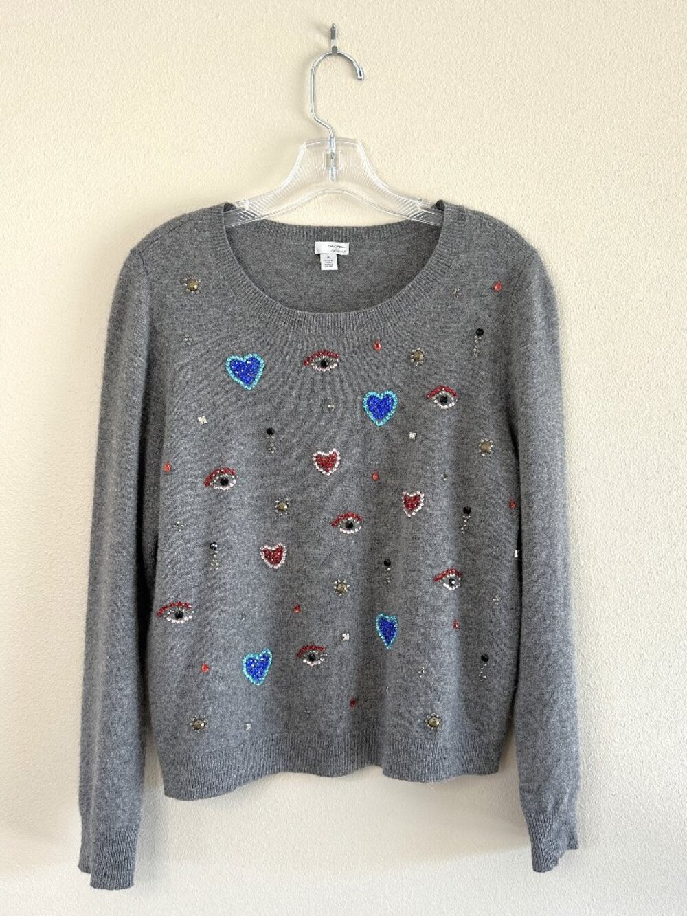 Halogen Cashmere Beaded Eyes and Hearts Sweater, M, Grey Art to Wear Novelty - Picture 2 of 7